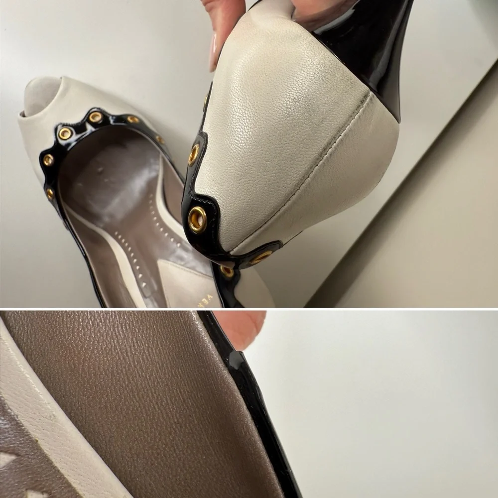 Versace White Nappa Leather Peep Toe Heels 39 Black Patent Gold Pumps DSL531R - Picture 15 of 15